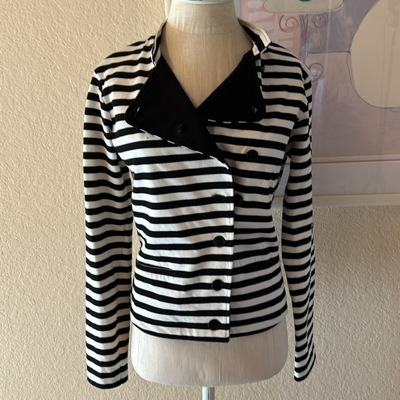 Agnès B. Paris Black & White Striped High Neck Cotton Jacket - Picture 3 of 12